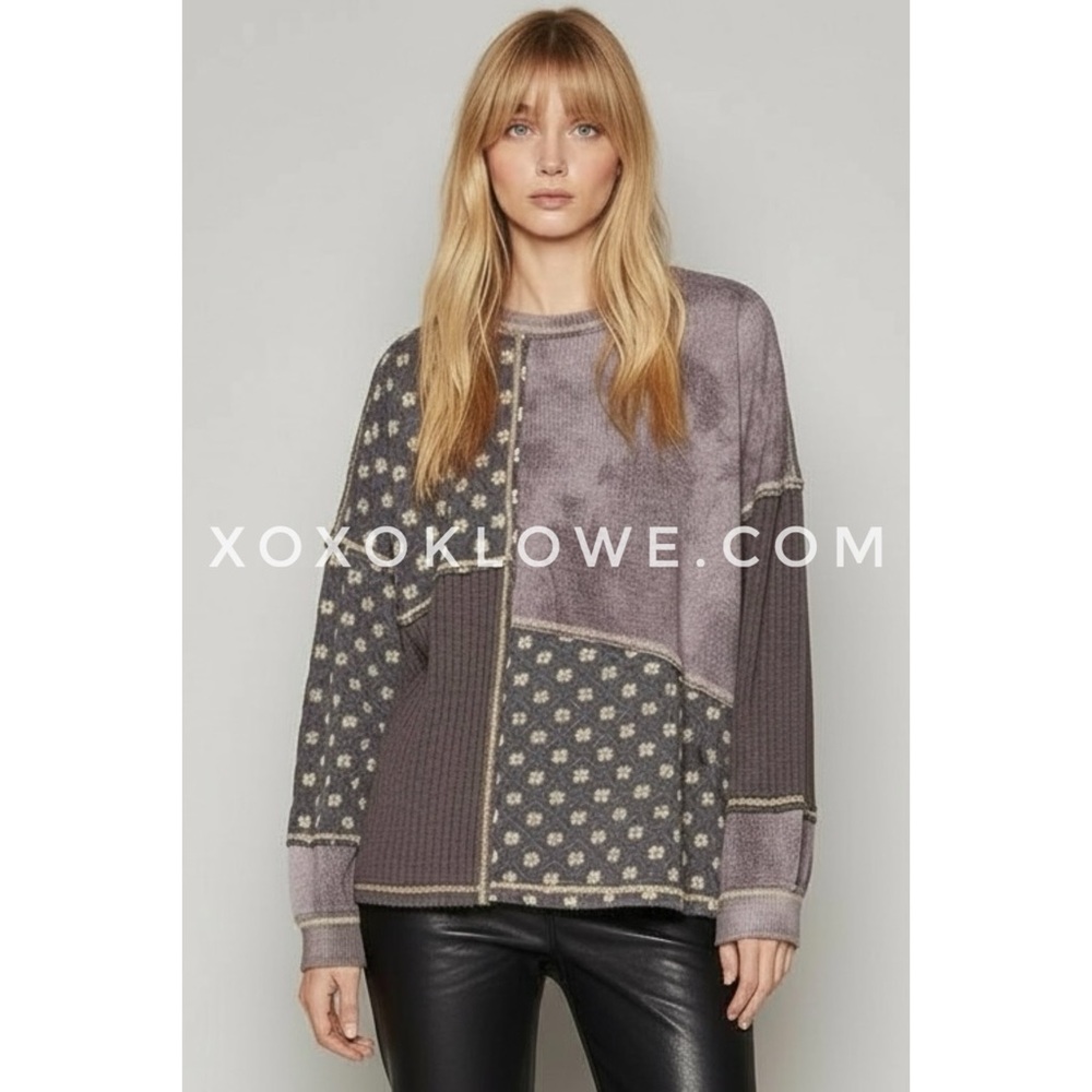 POL Charcoal Quilted Patchwork Top | Mixed Fabric Long Sleeve